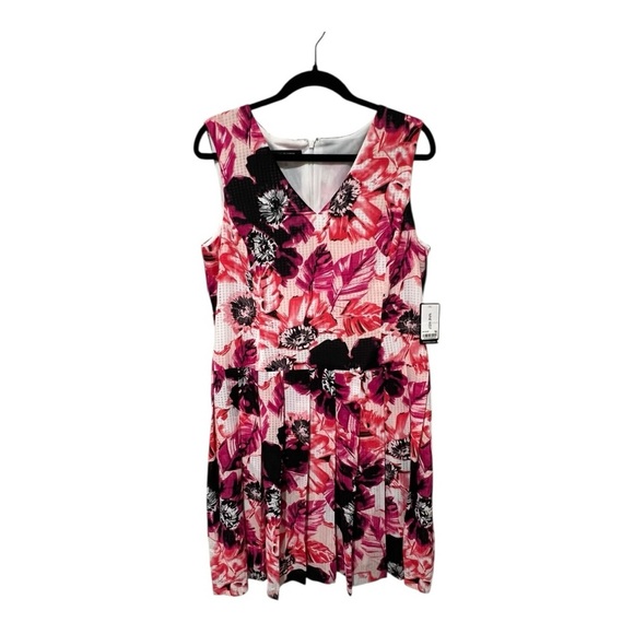 NWT Nine West Pink Black Floral Sleeveless Preppy Formal Plus V-Neck Sundress 14 - Picture 1 of 11